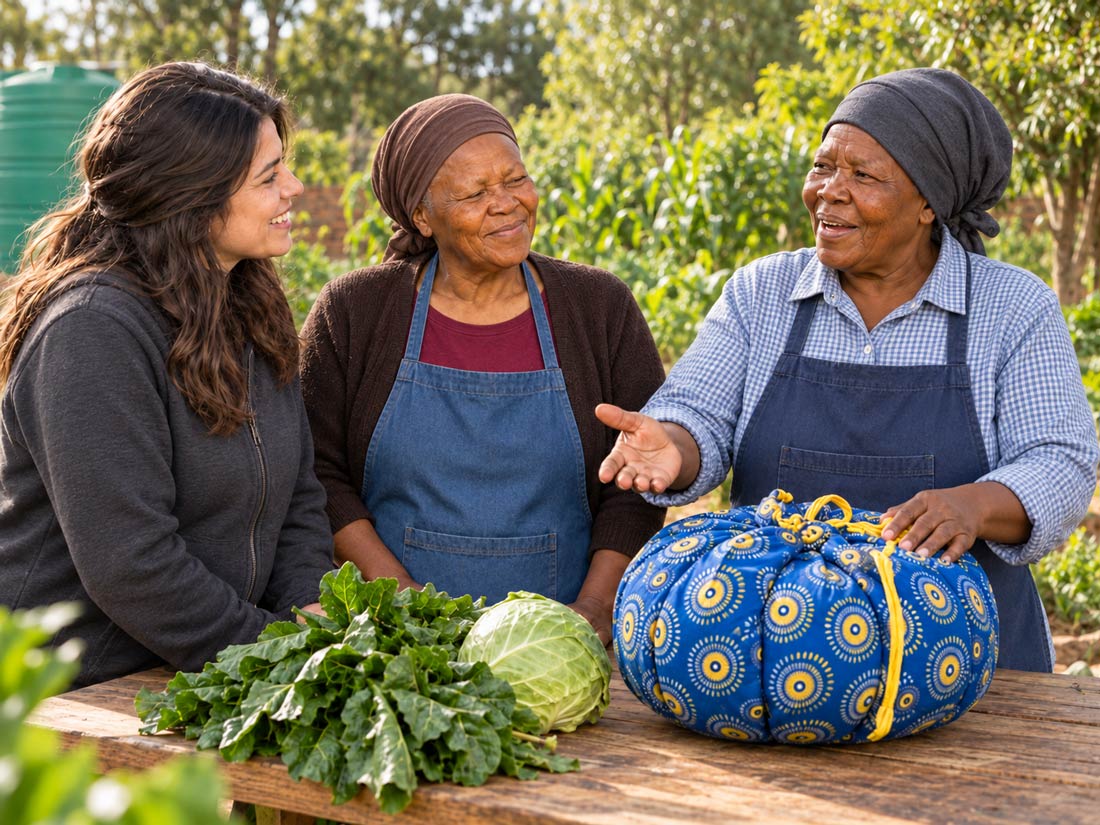 Africa&rsquo;s Gift volunteers and community members with an Eco Cook Bag